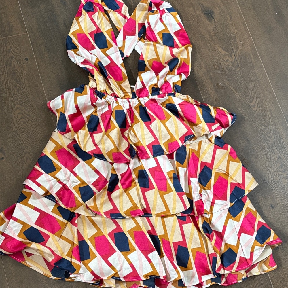 Colorblock Geometric Ruffle Sundress - Pink, Navy & Gold